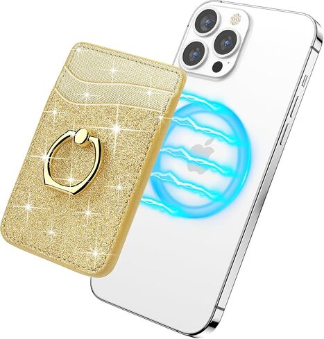 Gospire Magsafe Wallet with Ring for iPhone 15/14/13/12 Series, Magsafe Wallet Glitter with Credit Card RFID Blocking & 360°Rotation Stand, Magsafe Card Holder Compatible with MagSafe Cases - Gold in Kuwait