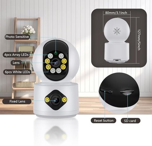 GUOANVISION 4MP Indoor Security Camera, Dual Lens Pet Camera, 360 WiFi Home Security Camera for Baby/Elder/Dog/Nanny, Human Detection, 2-Way Talk, Color Night, SD/Cloud in Kuwait