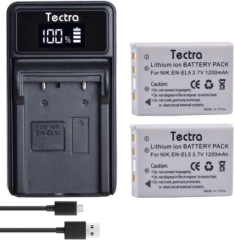 Tectra 2 Pack EN-EL5 Rechargeable Batteries and LED USB Charger for Nikon Coolpix P3, P4, P90, P80, P100, P500, P510, P520, P530, P5000, P6000, S10, 3700, 4200, 5200, 5900, 7900 Digital Cameras in Kuwait