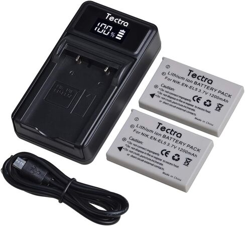 Tectra 2 Pack EN-EL5 Rechargeable Batteries and LED USB Charger for Nikon Coolpix P3, P4, P90, P80, P100, P500, P510, P520, P530, P5000, P6000, S10, 3700, 4200, 5200, 5900, 7900 Digital Cameras in Kuwait
