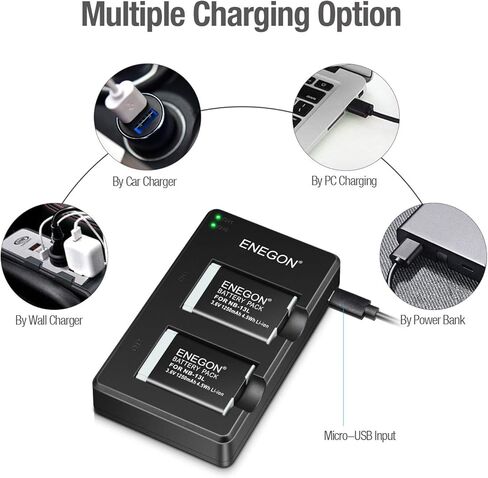 اينيجون حزمة بطارية ليثيوم بديلة NB-13L (عبوتان) وشاحن USB مزدوج لكاميرا كانون باور شوت G5X وG7X وG7X مارك II وIII وSX720 HS وSX730 HS وSX740 HS وSX620 HS وG1X مارك III وG9X وG9X وG9X مارك II in Kuwait