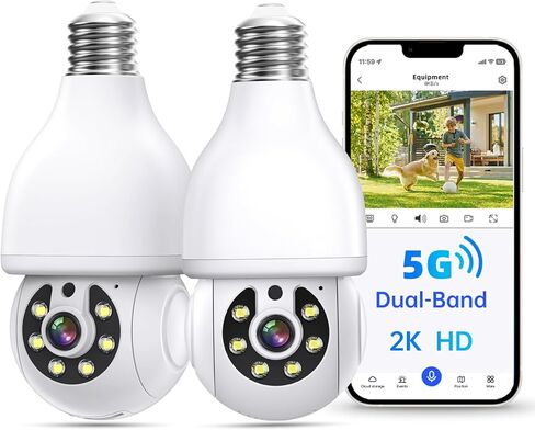كاميرا أمان بمصباح كهربائي، كاميرات أمان WiFi 5G/2.4G لاسلكية في الهواء الطلق مع كشف الحركة والإنذار، محادثة ثنائية الاتجاه، رؤية ليلية ملونة، اكتشاف الإنسان، كاميرا لمبة تعمل مع Alex (عبوتان) in Kuwait