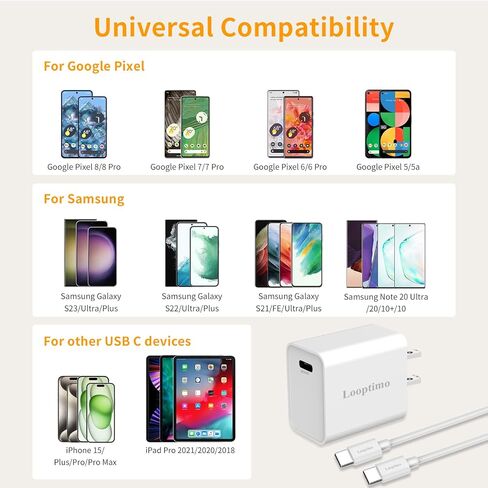 30W PD USB C Fast Charger, Looptimo Fast Charging Power Charger for Google Pixel 8 Pro/8/7 Pro/7/6a/6 Pro/6/5a/5/4, Samsung Galaxy S22/Plus/Ultra Android Phones, 6.6ft Type C Rapid Charging Cable in Kuwait
