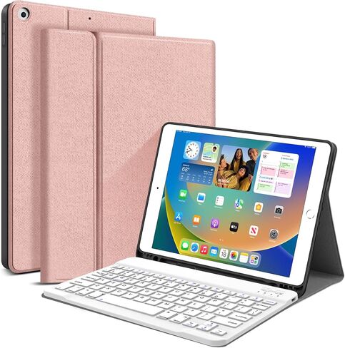 حافظة JUQITECH iPad 9th 8th 7th Generation مع لوحة مفاتيح 10.2 - حافظة لوحة مفاتيح مغناطيسية قابلة للفصل تعمل بتقنية البلوتوث لجهاز iPad 10.2 بوصة 2021 2020 2019، حامل أقلام رصاص، ذهبي وردي in Kuwait