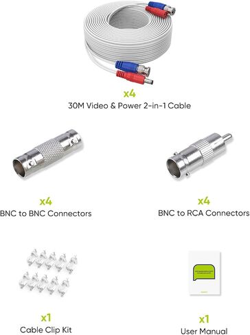 SANNCE 4-Pack 100ft BNC كابل كاميرا فيديو وأمان الطاقة مع موصلات BNC ومحولات RCA لنظام كاميرا CCTV 100 قطعة كابل متضمنة (أبيض) in Saudi Arabia