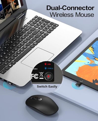VssoPlor Type C Wireless Mouse, 2.4G USB C Wireless Mouse, Dual Mode Cordless Ergonomic Mouse with Nano USB and Type C Receiver for MacBook, Computer, Laptop and All Type C Devices in Kuwait