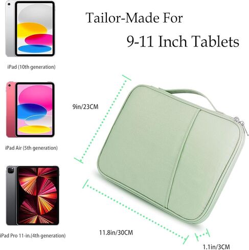 حقيبة حمل منظم الكمبيوتر اللوحي، حماية وأنيقة لأجهزة الكمبيوتر اللوحية مقاس 9-11 بوصة، بما في ذلك iPad Pro 11 (2018-2022)، iPad 10.9 (الجيل العاشر)، iPad Air (5/4th Gen)، Galaxy Tab A8/A7/S8/S7 (النعناع الأخضر-11) in Kuwait