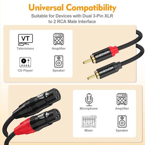 كابل صوت HOSONGIN Professional XLR إلى RCA بطول 6.6 قدم - موصلات عالية النقاء، تصميم لتقليل الضوضاء، متين، مثالي للاستوديوهات ومكبرات الصوت والخلاطات ومكبرات الصوت والعروض الحية والمسارح المنزلية in Kuwait
