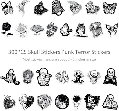 300 Pieces Gothic Stickers Black White Skull Stickers Vinyl Waterproof Decals for Skateboard Water Bottle Notebook Computer, Phone in Kuwait
