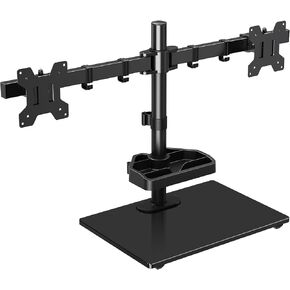 حامل شاشة مزدوج ErgoFocus لشاشتي كمبيوتر حتى 27 بوصة، حامل شاشة قائم بذاته يحمل بحد أقصى 17.6 رطل، حامل شاشة مكتب مع قاعدة من الزجاج المقسى ورف تخزين VESA Mount 75x75/100x100 in Kuwait