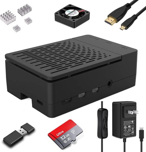 [20W 5V 4A] حافظة Raspberry Pi 4، iUniker 20W 5V 4A USB C Raspberry Pi 4 مزود طاقة مع مبدد حرارة 40 مم، مروحة تبريد 40 مم، بطاقة 32 جيجابايت، قارئ بطاقات، كابل Hdmi 4K لـ Pi 4 8 ​​جيجابايت/4 جيجابايت/2 جيجابايت in Kuwait