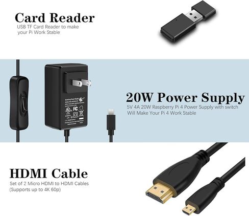 [20W 5V 4A] حافظة Raspberry Pi 4، iUniker 20W 5V 4A USB C Raspberry Pi 4 مزود طاقة مع مبدد حرارة 40 مم، مروحة تبريد 40 مم، بطاقة 32 جيجابايت، قارئ بطاقات، كابل Hdmi 4K لـ Pi 4 8 ​​جيجابايت/4 جيجابايت/2 جيجابايت in Kuwait