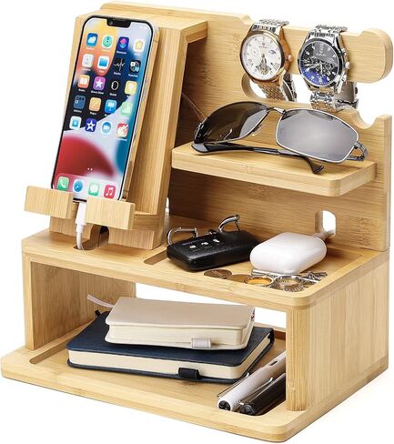 homde محطة شحن الخيزران محطة إرساء منضدة تخزين منظم للهاتف الخليوي المحمول ساعة ذكية مفاتيح الكمبيوتر المحمول، ملحقات الكمبيوتر اللوحي الإلكترونية، هدية للرجال والنساء الأب الزوج in Kuwait