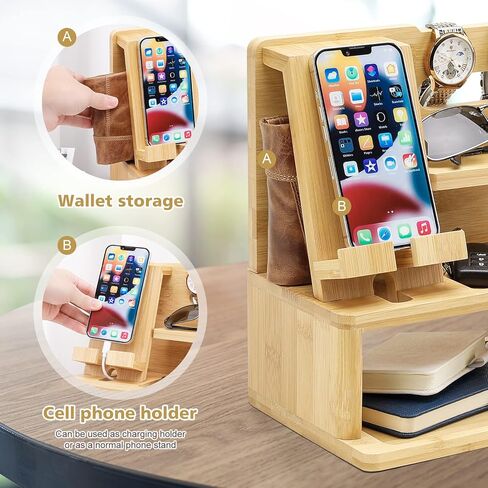 homde محطة شحن الخيزران محطة إرساء منضدة تخزين منظم للهاتف الخليوي المحمول ساعة ذكية مفاتيح الكمبيوتر المحمول، ملحقات الكمبيوتر اللوحي الإلكترونية، هدية للرجال والنساء الأب الزوج in Kuwait