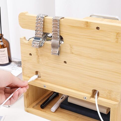 homde محطة شحن الخيزران محطة إرساء منضدة تخزين منظم للهاتف الخليوي المحمول ساعة ذكية مفاتيح الكمبيوتر المحمول، ملحقات الكمبيوتر اللوحي الإلكترونية، هدية للرجال والنساء الأب الزوج in Kuwait