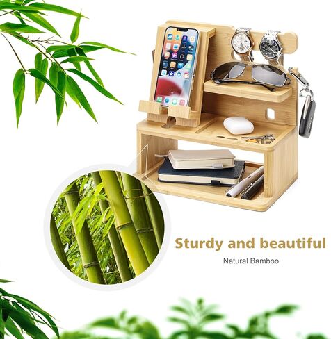 homde محطة شحن الخيزران محطة إرساء منضدة تخزين منظم للهاتف الخليوي المحمول ساعة ذكية مفاتيح الكمبيوتر المحمول، ملحقات الكمبيوتر اللوحي الإلكترونية، هدية للرجال والنساء الأب الزوج in Kuwait