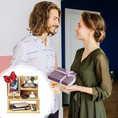 homde محطة شحن الخيزران محطة إرساء منضدة تخزين منظم للهاتف الخليوي المحمول ساعة ذكية مفاتيح الكمبيوتر المحمول، ملحقات الكمبيوتر اللوحي الإلكترونية، هدية للرجال والنساء الأب الزوج in Kuwait