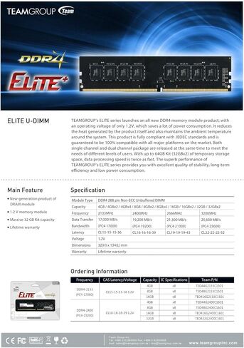 TEAMGROUP Elite DDR4 32GB Kit (2 x 16GB) 3200MHz PC4-25600 CL22 (2933MHz or 2666MHz) Unbuffered Non-ECC 1.2V UDIMM 288 Pin PC Computer Desktop Memory Module Ram Upgrade - TED432G3200C22DC01 in Kuwait