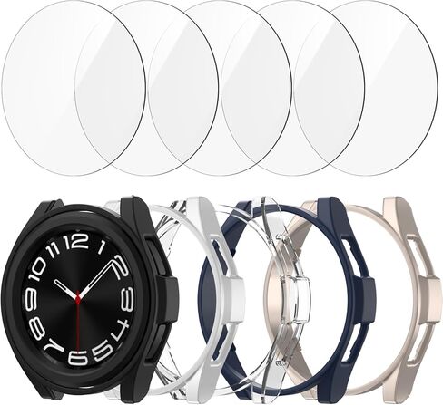 anotch [5+5] Pack for Samsung Galaxy Watch 6 Classic 47mm Screen protector Case, 5 Tempered Glass Screen Protector Film + 5 Hard PC Protective Bumper Case for Galaxy Watch 6 Classic 47mm Accessories in Kuwait