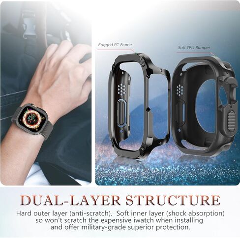 حافظة ميكانيكية مقاس 49 ملم مناسبة لساعة Apple Watch Ultra 2 & 1 مقاس 49 ملم، ممتص للصدمات ناعم مقاوم للصدمات + واقي صلب مضاد للخدش، غطاء مدرع عالي التحمل على الطراز العسكري لملحقات حزام iWatch 49 ملم - أسود in Kuwait