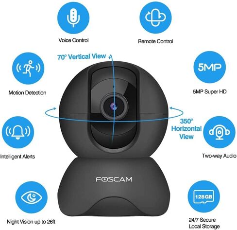Foscam 5MP WiFi Pet Cameras for Home Security, 2.4GHz Indoor Camera Baby Monitor with 360° Pan Tilt, 2-Way Audio, 6X Digital Zoom, Night Vision, AI Human Detection, Cloud & SD Card Storage in Kuwait