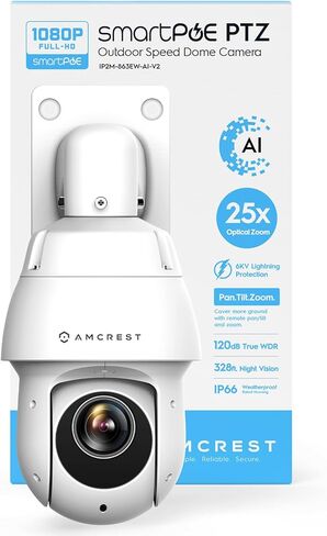Amcrest 2MP خارجي PTZ POE + IP كاميرا تكبير بإمالة (بصري 25x بمحرك) POE+ قبة سرعة أمان الكاميرا، مستشعر صور CMOS، رؤية ليلية 328 قدمًا، POE+ (802.3at) F1.6، IP66، IP2M-863EW-AI-V2 in Kuwait