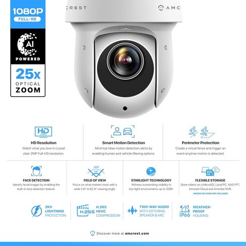 Amcrest 2MP خارجي PTZ POE + IP كاميرا تكبير بإمالة (بصري 25x بمحرك) POE+ قبة سرعة أمان الكاميرا، مستشعر صور CMOS، رؤية ليلية 328 قدمًا، POE+ (802.3at) F1.6، IP66، IP2M-863EW-AI-V2 in Kuwait