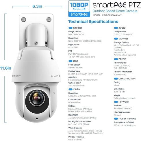 Amcrest 2MP خارجي PTZ POE + IP كاميرا تكبير بإمالة (بصري 25x بمحرك) POE+ قبة سرعة أمان الكاميرا، مستشعر صور CMOS، رؤية ليلية 328 قدمًا، POE+ (802.3at) F1.6، IP66، IP2M-863EW-AI-V2 in Kuwait