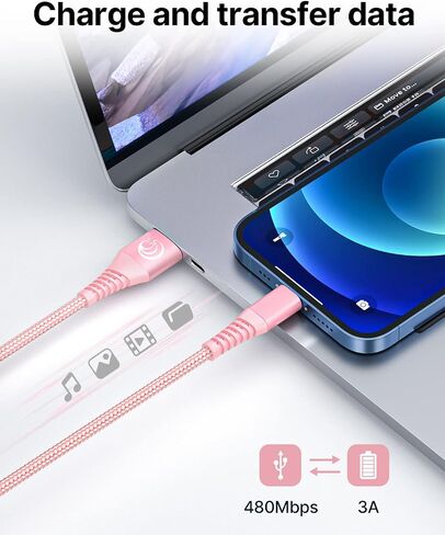 Aioneus iPhone Charger 6ft 2Pack, Apple Certified USB A to Lightning Cable Nylon Braided Phone Charger Cord Fast Charging for iPhone 14 13 12 11 Pro Xr Xs Max 10 8 7Plus 6 SE -Pink in Kuwait