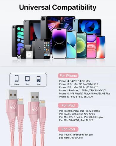Aioneus iPhone Charger 6ft 2Pack, Apple Certified USB A to Lightning Cable Nylon Braided Phone Charger Cord Fast Charging for iPhone 14 13 12 11 Pro Xr Xs Max 10 8 7Plus 6 SE -Pink in Kuwait