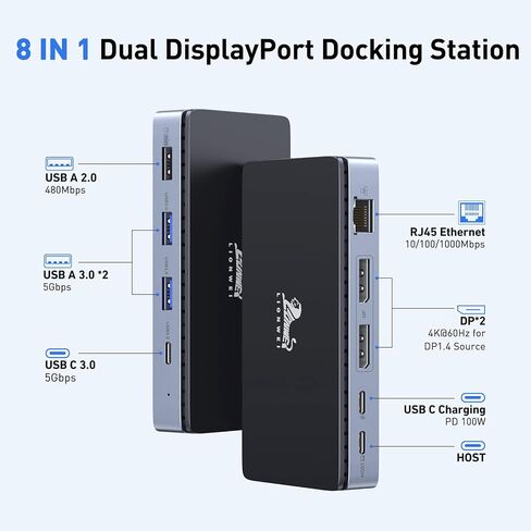 قاعدة شحن مزدوجة USB C بمنفذ عرض مزدوج 4K@60hz، محول متعدد المنافذ مع 2 DP، 4 USB، جيجابت ايثرنت ومنفذ PD 100 واط، لديل/لينوفو/اتش بي/سيرفس/ماك بوك (مع كيبل USB C بطول 3.3 قدم) in Kuwait