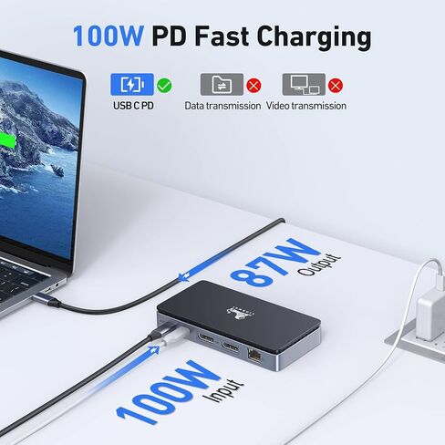 قاعدة شحن مزدوجة USB C بمنفذ عرض مزدوج 4K@60hz، محول متعدد المنافذ مع 2 DP، 4 USB، جيجابت ايثرنت ومنفذ PD 100 واط، لديل/لينوفو/اتش بي/سيرفس/ماك بوك (مع كيبل USB C بطول 3.3 قدم) in Kuwait