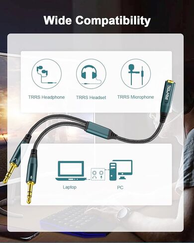 محول مقسم سماعة الرأس SOLMIMI للكمبيوتر الشخصي، 3.5 مم CITA TRRS أنثى إلى 2 TRS ذكر سماعة رأس صوت ميكروفون جاك Y كابل مقسم لسماعات الألعاب إلى الكمبيوتر ثنائي المقبس والكمبيوتر المحمول (مضفر نايلون قوي) - 1 قدم in Kuwait