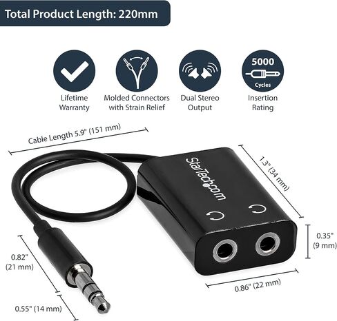 StarTech.com محول كابل مقسم سماعة الرأس White Slim Mini Jack - 3.5 مم صوت ستيريو صغير Y Splitter - 3.5 مم ذكر إلى 2x 3.5 مم أنثى (MUY1MFFADPW)، أبيض - نحيف in Kuwait