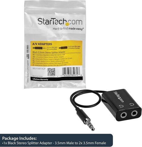 StarTech.com محول كابل مقسم سماعة الرأس White Slim Mini Jack - 3.5 مم صوت ستيريو صغير Y Splitter - 3.5 مم ذكر إلى 2x 3.5 مم أنثى (MUY1MFFADPW)، أبيض - نحيف in Kuwait