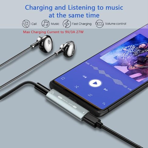 USB C to 3.5mm Audio Headphone Adapter and Charger, 2 in 1 USB C Headphone Jack HiFi DAC with 27W Fast Charging Dongle Adapter Compatible with Galaxy S23 Ultra/S22+/A53/Note 20, Pixel 7/7Pro/6/6Pro/5 in Kuwait