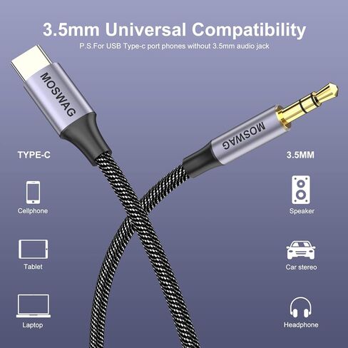 MOSWAG USB C to 3.5mm Audio Aux Jack Cable 6.6FT/2M,Type C to 3.5mm Headphone Stereo Cord Compatible with S20 Ultra S20+ Note 10 20,Google Pixel 4/5 XL,OnePlus 7Pro 8Pro,Moto Z and Galaxy Note 10 in Saudi Arabia