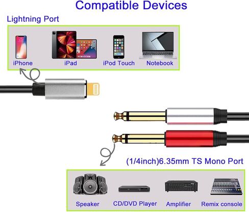 منفذ WUSERNING iOS إلى 2 ذكر 6.35 مم (1/4 بوصة) TS Mono Stereo Y-Cable Splitter متوافق مع iPhone، iPad، iPod، مكبر الصوت، وحدة التحكم في الخلط، مكبر الصوت، إلخ (6.6 قدم) in Kuwait