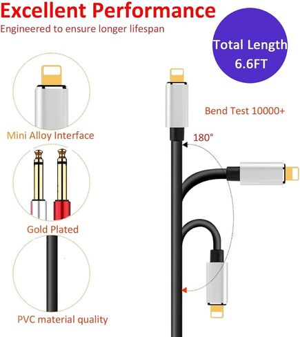 منفذ WUSERNING iOS إلى 2 ذكر 6.35 مم (1/4 بوصة) TS Mono Stereo Y-Cable Splitter متوافق مع iPhone، iPad، iPod، مكبر الصوت، وحدة التحكم في الخلط، مكبر الصوت، إلخ (6.6 قدم) in Kuwait