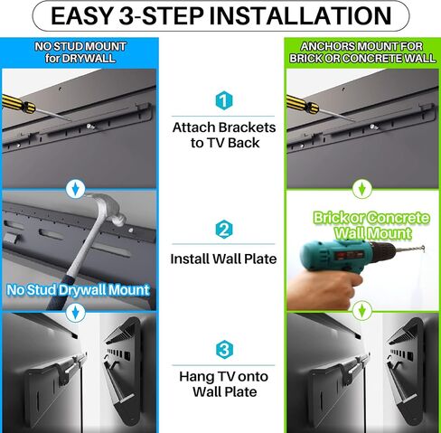 TV Wall Mount, Studless or Anchors Mount, Heavy Duty Aluminum Alloy TV Bracket Hanger for 32-75 inch All Brand Flat Screen TVs, Drywall No Stud, Easy Install with All Hardware Included in Kuwait