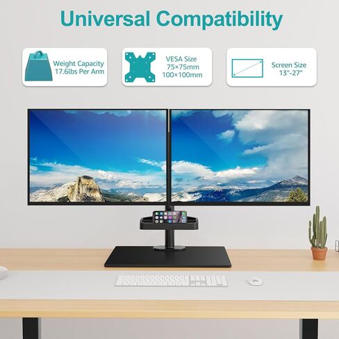 حامل شاشة مزدوج ErgoFocus لشاشتي كمبيوتر حتى 27 بوصة، حامل شاشة قائم بذاته يحمل بحد أقصى 17.6 رطل، حامل شاشة مكتب مع قاعدة من الزجاج المقسى ورف تخزين VESA Mount 75x75/100x100 in Kuwait