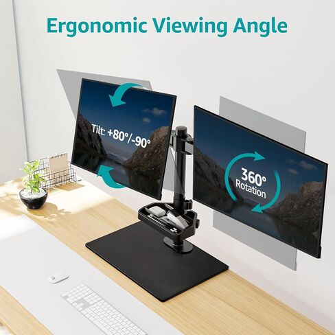 حامل شاشة مزدوج ErgoFocus لشاشتي كمبيوتر حتى 27 بوصة، حامل شاشة قائم بذاته يحمل بحد أقصى 17.6 رطل، حامل شاشة مكتب مع قاعدة من الزجاج المقسى ورف تخزين VESA Mount 75x75/100x100 in Kuwait