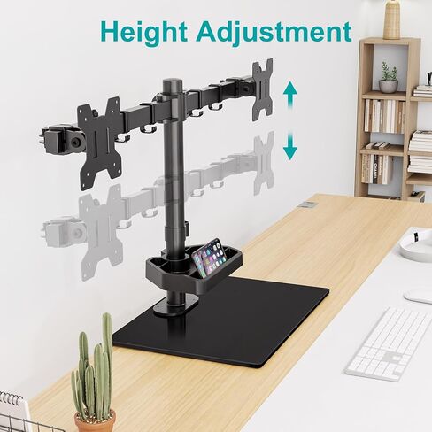 حامل شاشة مزدوج ErgoFocus لشاشتي كمبيوتر حتى 27 بوصة، حامل شاشة قائم بذاته يحمل بحد أقصى 17.6 رطل، حامل شاشة مكتب مع قاعدة من الزجاج المقسى ورف تخزين VESA Mount 75x75/100x100 in Kuwait