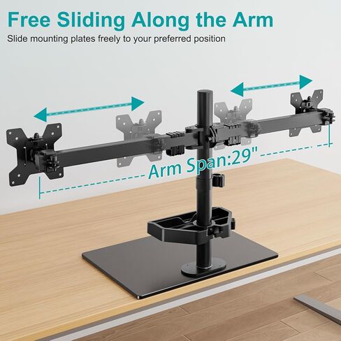 حامل شاشة مزدوج ErgoFocus لشاشتي كمبيوتر حتى 27 بوصة، حامل شاشة قائم بذاته يحمل بحد أقصى 17.6 رطل، حامل شاشة مكتب مع قاعدة من الزجاج المقسى ورف تخزين VESA Mount 75x75/100x100 in Kuwait