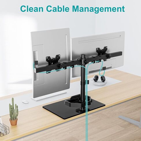 حامل شاشة مزدوج ErgoFocus لشاشتي كمبيوتر حتى 27 بوصة، حامل شاشة قائم بذاته يحمل بحد أقصى 17.6 رطل، حامل شاشة مكتب مع قاعدة من الزجاج المقسى ورف تخزين VESA Mount 75x75/100x100 in Kuwait