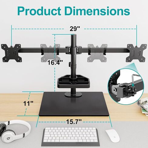 حامل شاشة مزدوج ErgoFocus لشاشتي كمبيوتر حتى 27 بوصة، حامل شاشة قائم بذاته يحمل بحد أقصى 17.6 رطل، حامل شاشة مكتب مع قاعدة من الزجاج المقسى ورف تخزين VESA Mount 75x75/100x100 in Kuwait
