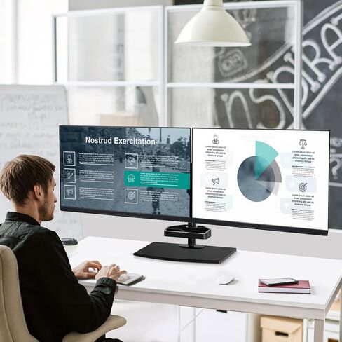 حامل شاشة مزدوج ErgoFocus لشاشتي كمبيوتر حتى 27 بوصة، حامل شاشة قائم بذاته يحمل بحد أقصى 17.6 رطل، حامل شاشة مكتب مع قاعدة من الزجاج المقسى ورف تخزين VESA Mount 75x75/100x100 in Kuwait