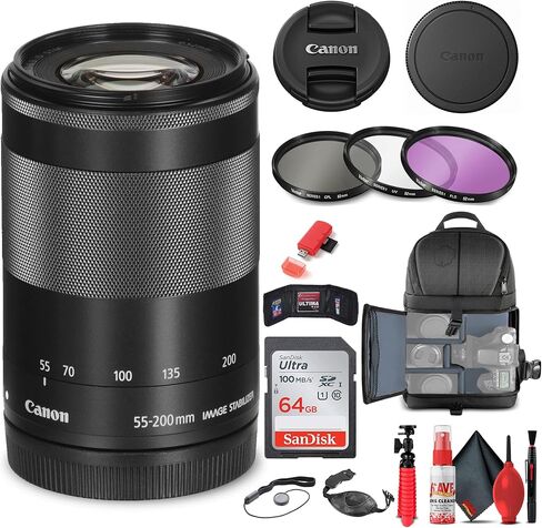 عدسة Canon EF-M 55-200mm f/4.5-6.3 هي عدسة STM (أسود) (9517B002) + طقم فلتر + حقيبة ظهر + بطاقة 64 جيجابايت + قارئ بطاقات + حامل ثلاثي القوائم مرن + محفظة ذاكرة + حافظة للأغطية + طقم تنظيف + حزام يد + المزيد ( متجدد) in Saudi Arabia