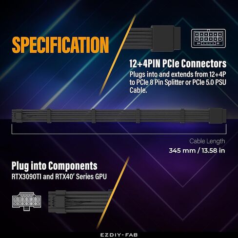 EZDIY-FAB 16pin (12+4) 12VHPWR PCIe 5.0 GPU Power Sleeved Cable Extension, Male to Female, Compatible with RTX 5080, 5070, 4090, 4080, 4070,16AWG with Cable Combs-Black in Kuwait