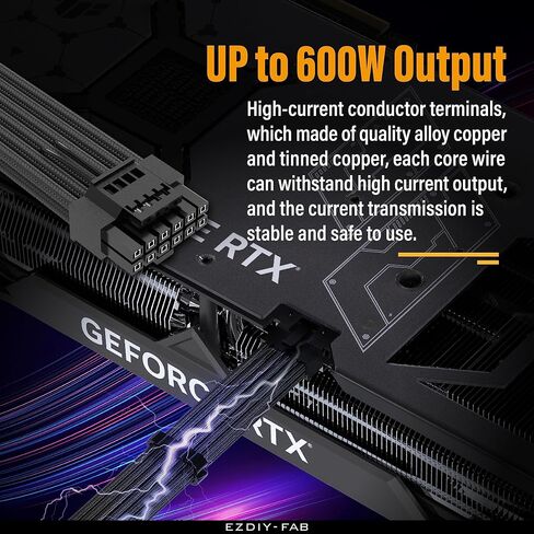 EZDIY-FAB 16pin (12+4) 12VHPWR PCIe 5.0 GPU Power Sleeved Cable Extension, Male to Female, Compatible with RTX 5080, 5070, 4090, 4080, 4070,16AWG with Cable Combs-Black in Kuwait